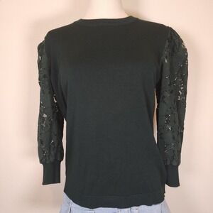 Lace‎ Sleeve Sweater Crew Neck Top Green Puff Long Sleeve Sz L
